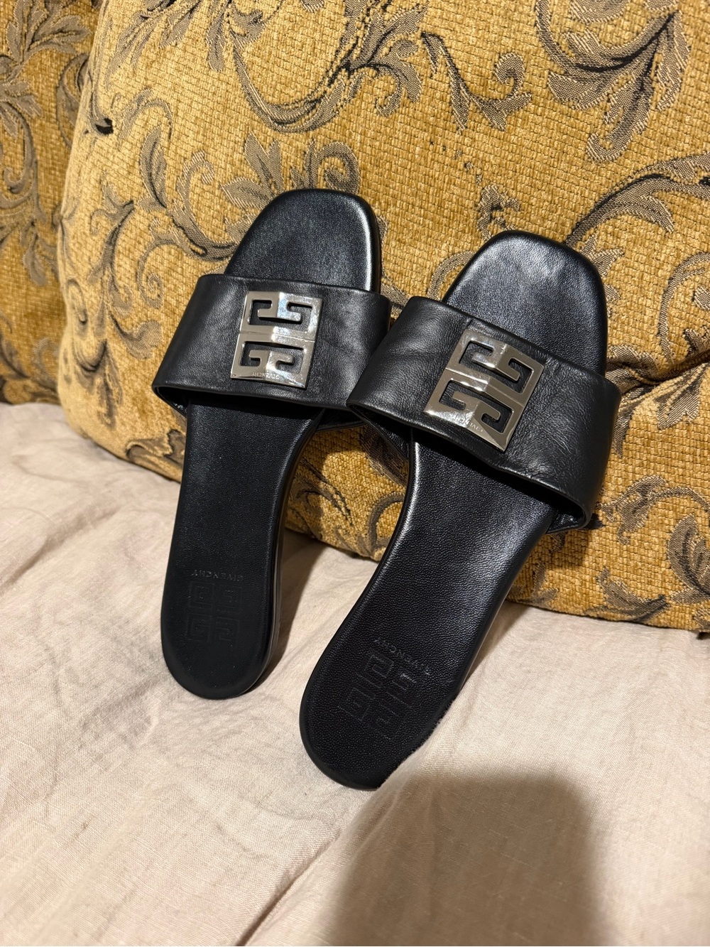 Givenchy Black Leather Logo Slide Sandals with Silver Emblem